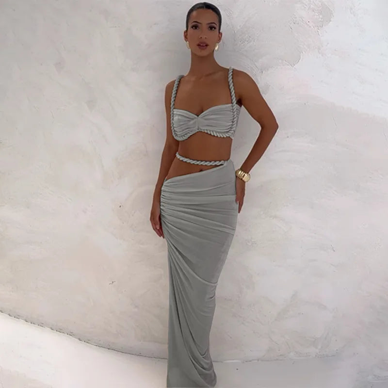 Ladies Summer Party 2 Piece Skirt Set Women Sleeveless Backless Crop Top Long Skirts Matching Sets Club Streetwear Woman Clothes