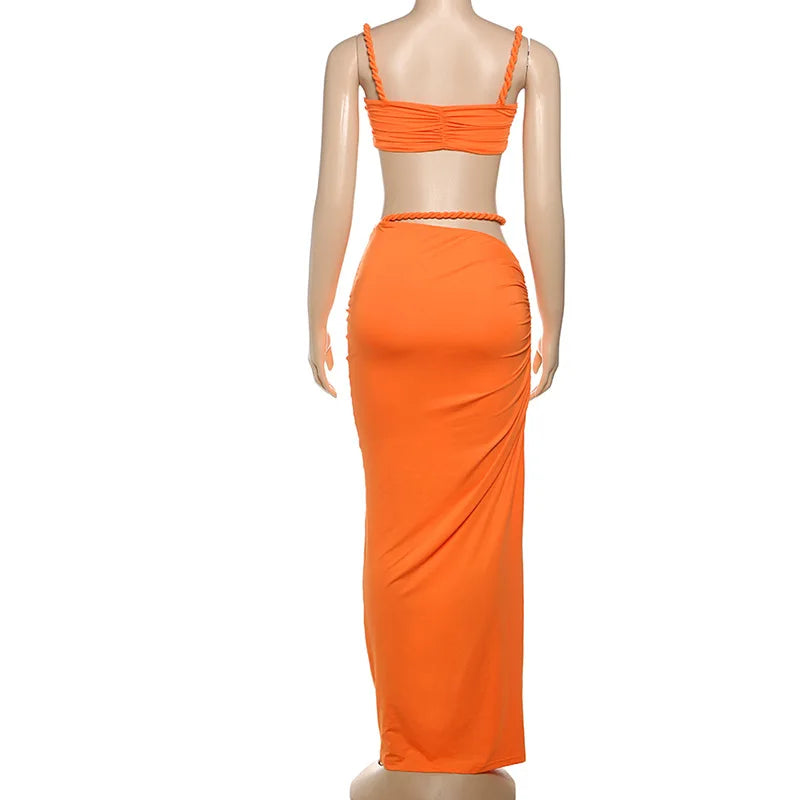 Ladies Summer Party 2 Piece Skirt Set Women Sleeveless Backless Crop Top Long Skirts Matching Sets Club Streetwear Woman Clothes