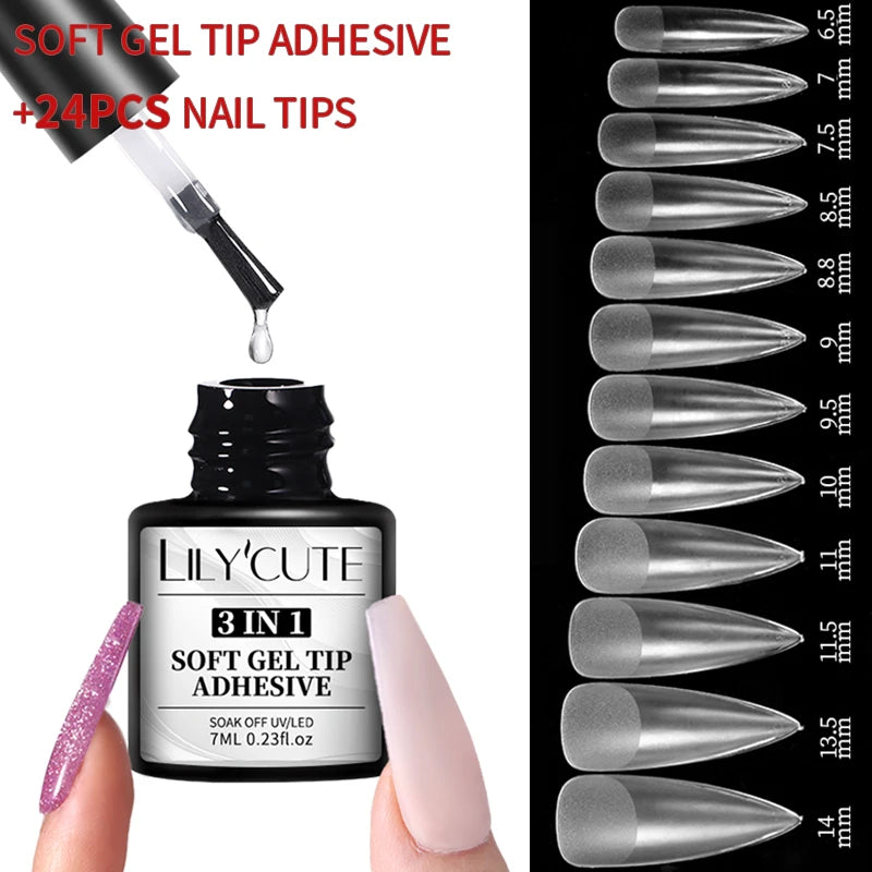 LILYCUTE 7ml 3 IN 1 Soft gel tips ADHESIVE Gel 24Pcs False Tips Extend Nails Function Gel Soak Off UV LED Nail Gel