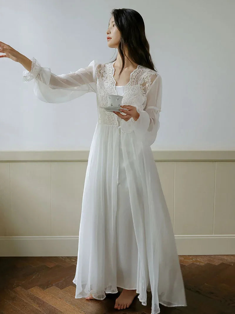 Princess Fairy Night Dress Robe French Morning Gown Lace Mesh Ruffles Vintage Sexy Two-piece Nightgown Female Spring Summer