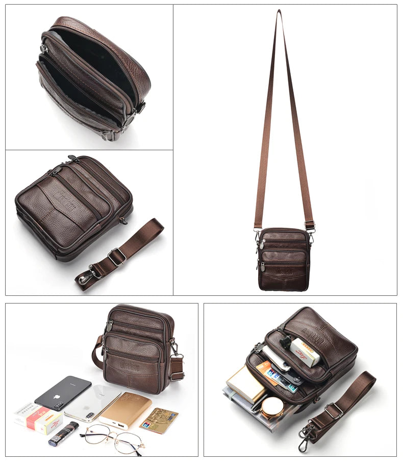 Men's Genuine Leather Crossbody Bag High Quality Zipper Pocket Retro Business Messenger Bag for Men