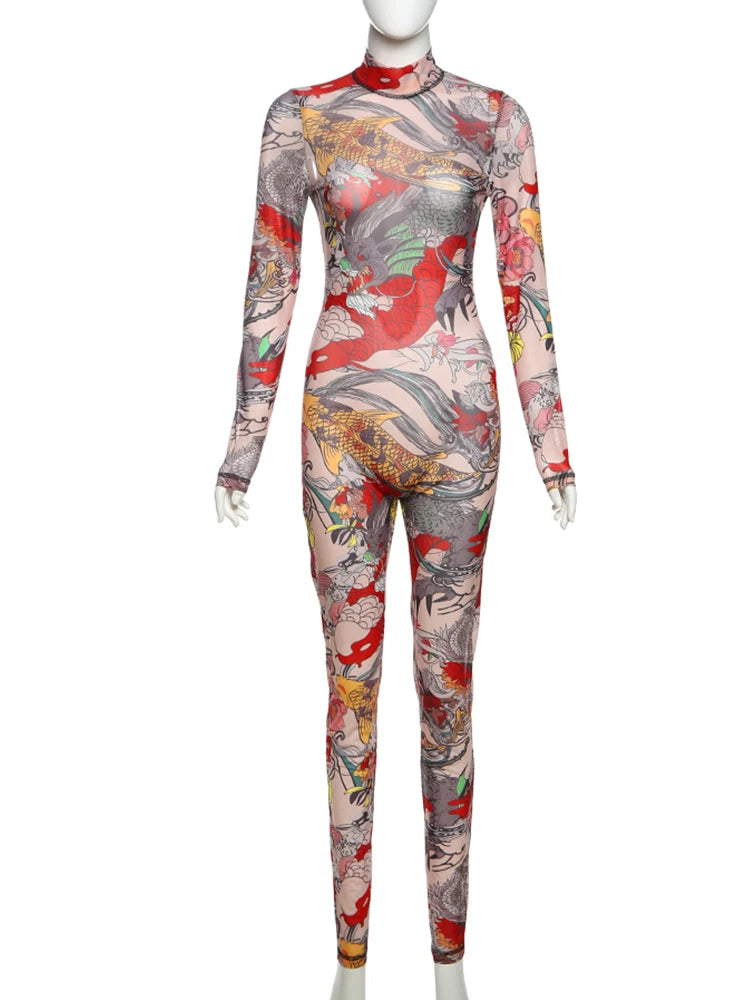 Weird Puss Backless Jumpsuit Women See Through Colorful Print Midnight Party Sexy Full Sleeve Hipster Street Workout Overalls