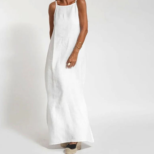 Women Cotton linen Side Split Long Slip Dress Summer Lady Strapless Solid Color Holiday Party Dresses FYY-10080