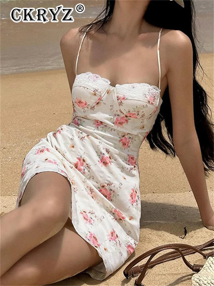 Ladies Summer Floral Print Fashion Beach Vacation Dress Women Sleeveless Backless Bodycon Mini Dresses Clubwear Woman Clothes