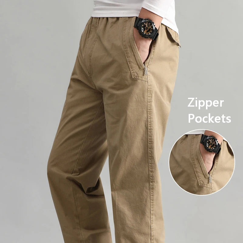 Mens Casual Pants With Zipper Pockets Cotton High Quality 2023 Summer Autumn Stretchable Waist Sports Work Utility Trousers