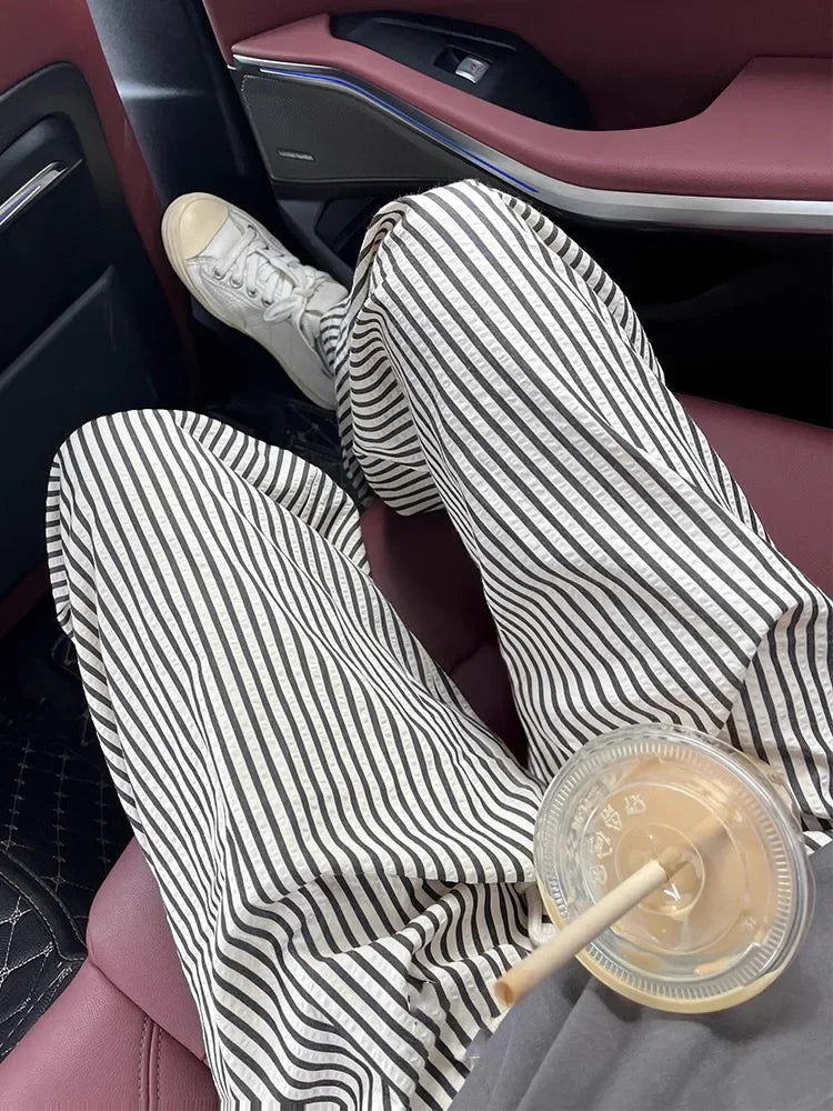 Pajama Pants Striped Spring Summer Long Premium Feeling Home Pants Student Straight Pants Elastic Waist Women Sleeping Pants