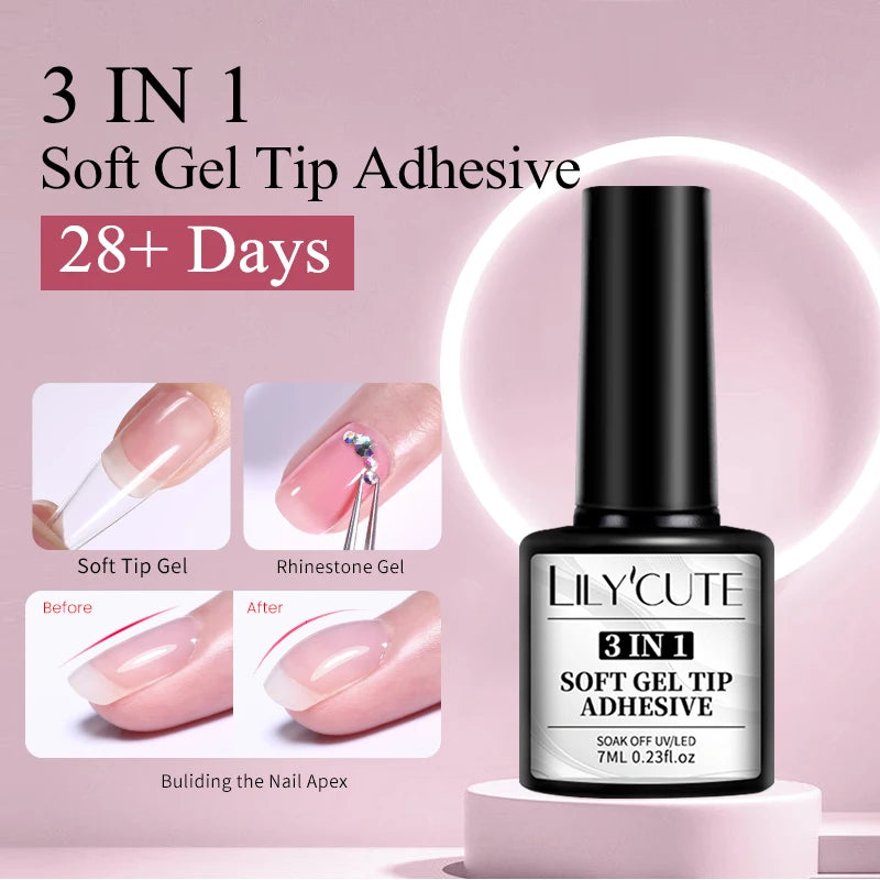 LILYCUTE 7ml 3 IN 1 Soft gel tips ADHESIVE Gel 24Pcs False Tips Extend Nails Function Gel Soak Off UV LED Nail Gel