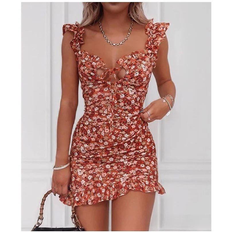 Floral Print ort Dr Women's Faion  Skirt Sle High Waist No Sve Floral ter Ne Gown Spring Season Polyeste...