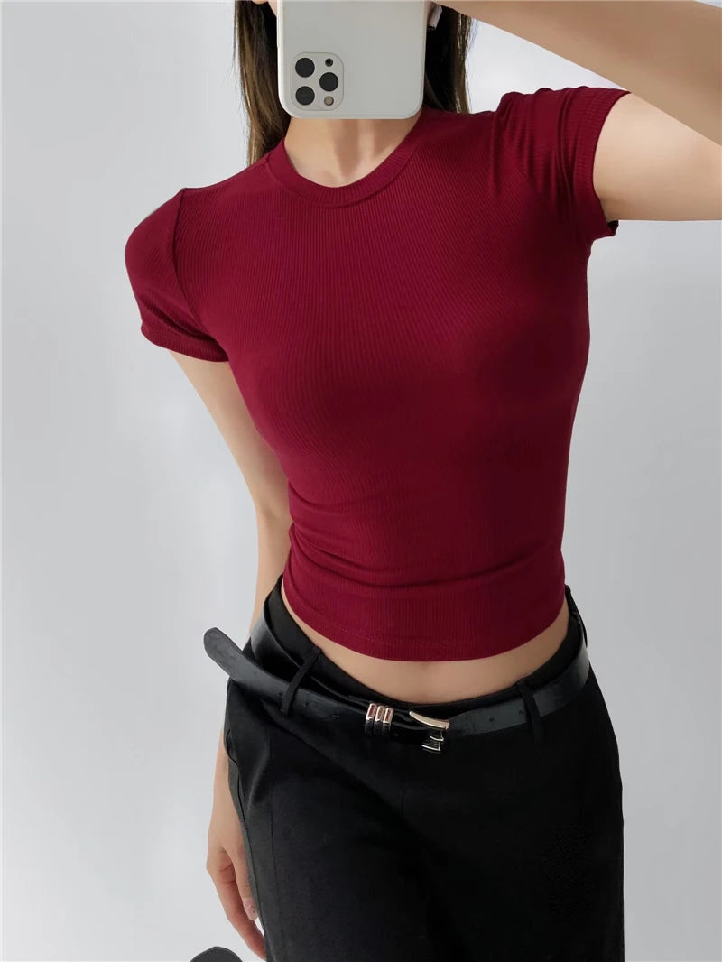 LUNDUNSHIJIA 2024 Summer Sexy Women Basic O-neck Short Sleeve T-shirt Ladies Slim Elasticity Cotton Tee Tops 12 Colors