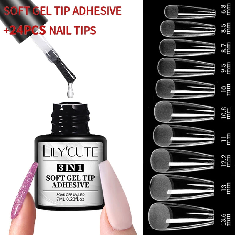 LILYCUTE 7ml 3 IN 1 Soft gel tips ADHESIVE Gel 24Pcs False Tips Extend Nails Function Gel Soak Off UV LED Nail Gel