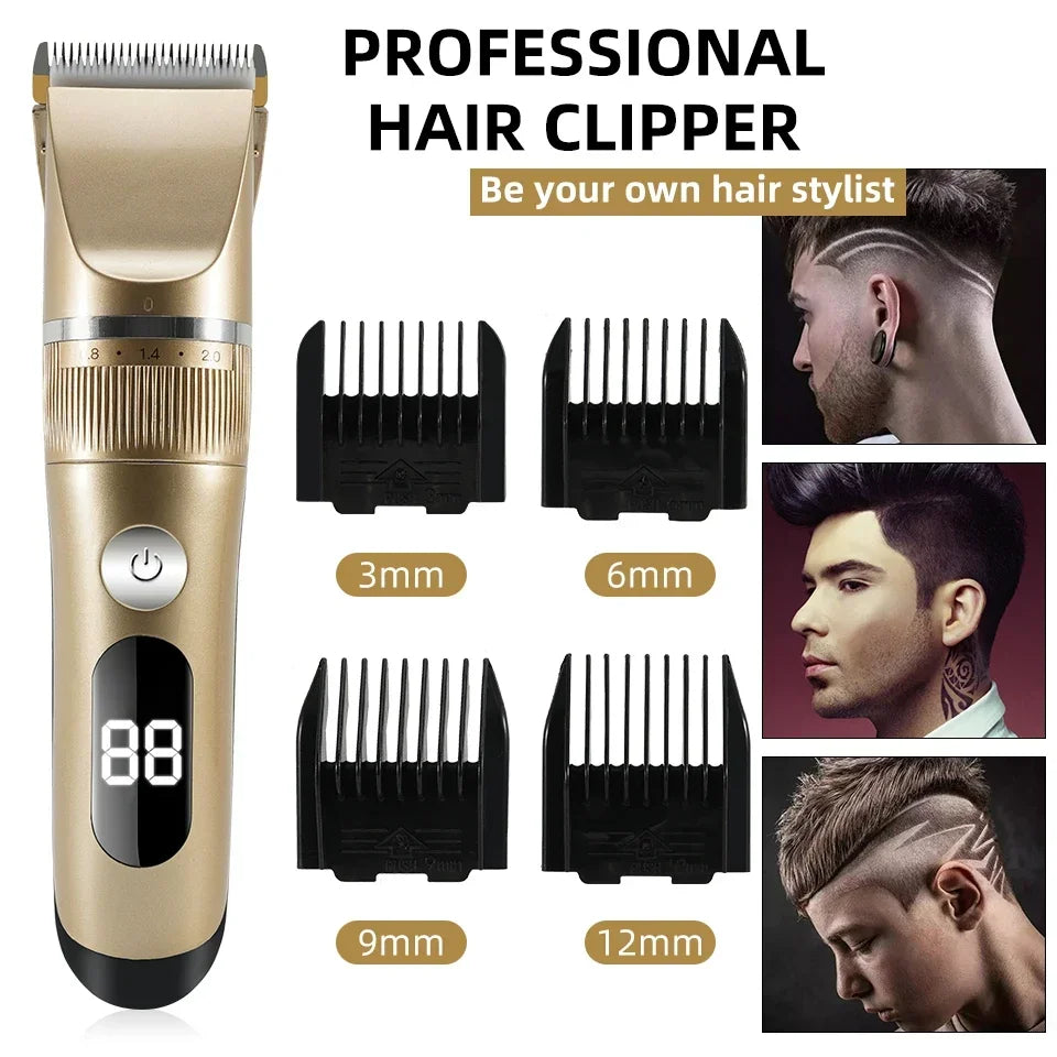 Professional Hair Clipper Electric Men's Trimmer Rechargeable Hair Cutting Machine LCD Display Head Trimmer 2 Gears