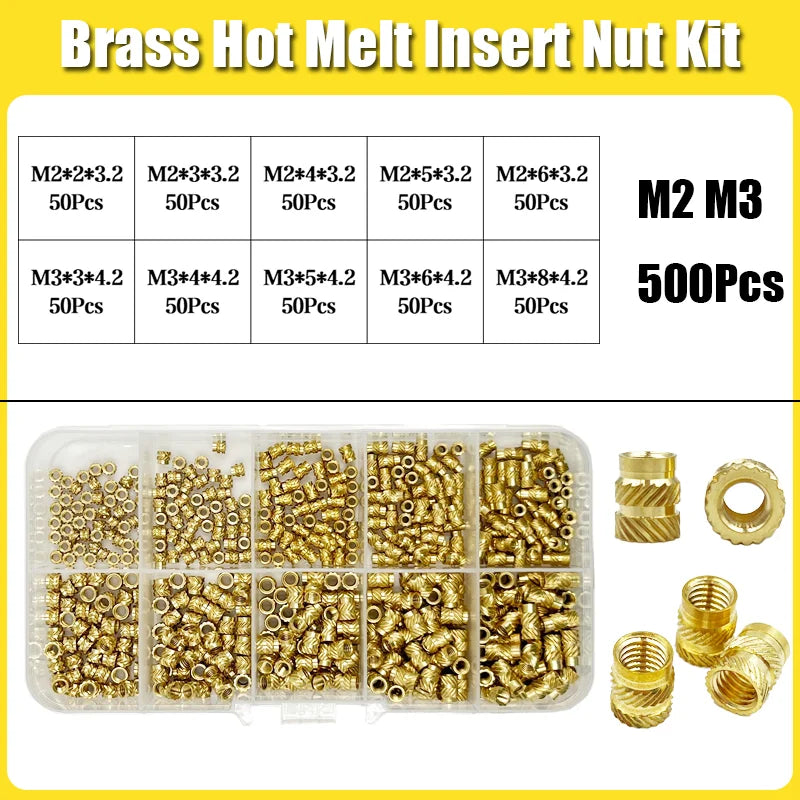 Brass Threaded Insert Nut Kit M2 M2.5 M3 M4 M5 M6 M8 Hot Melt Heat Knurled Embed Injection Copper Insertnut for 3D Print Plastic