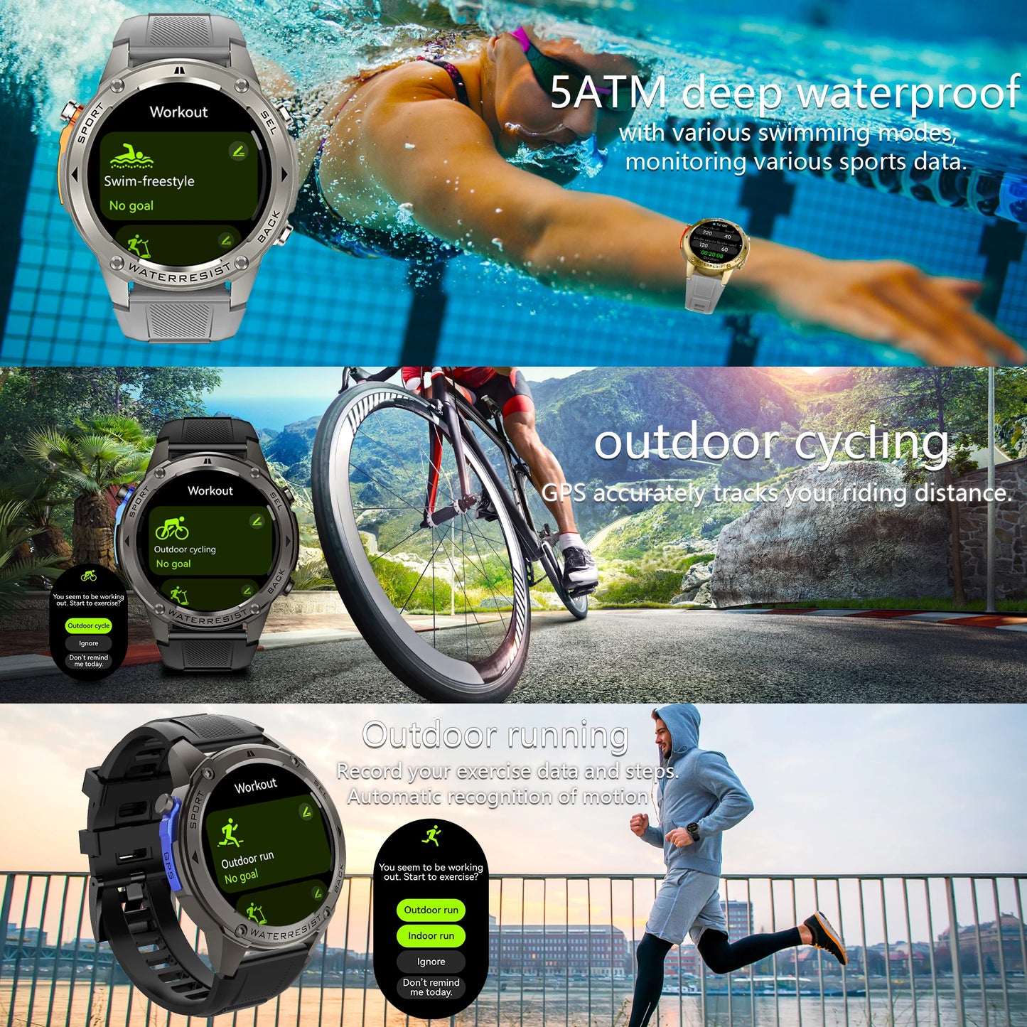 Fanwear T-Rex 3 GPS outdoor sports smart watch, 5ATM swimming smart watch, compass, barometric altitude, Bluetooth call, Valenti