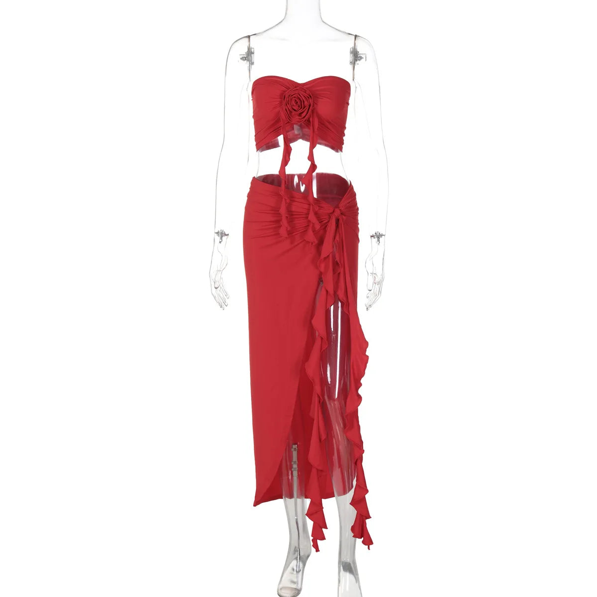 Ladies Matching Suit Applique Strapless Ruched Crop Top Ruffles Split Midi Dress Set Women Summer Party Club Y2K Fashion Outfits
