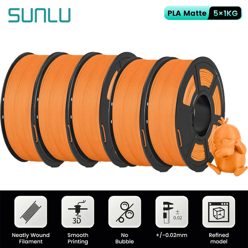 SUNLU 5Roll PLA Matte Filament 1.75mm 1kg Spool (2.2lbs) Smooth Matte Finish Neatly Wound Filament Fit Most FDM Printer
