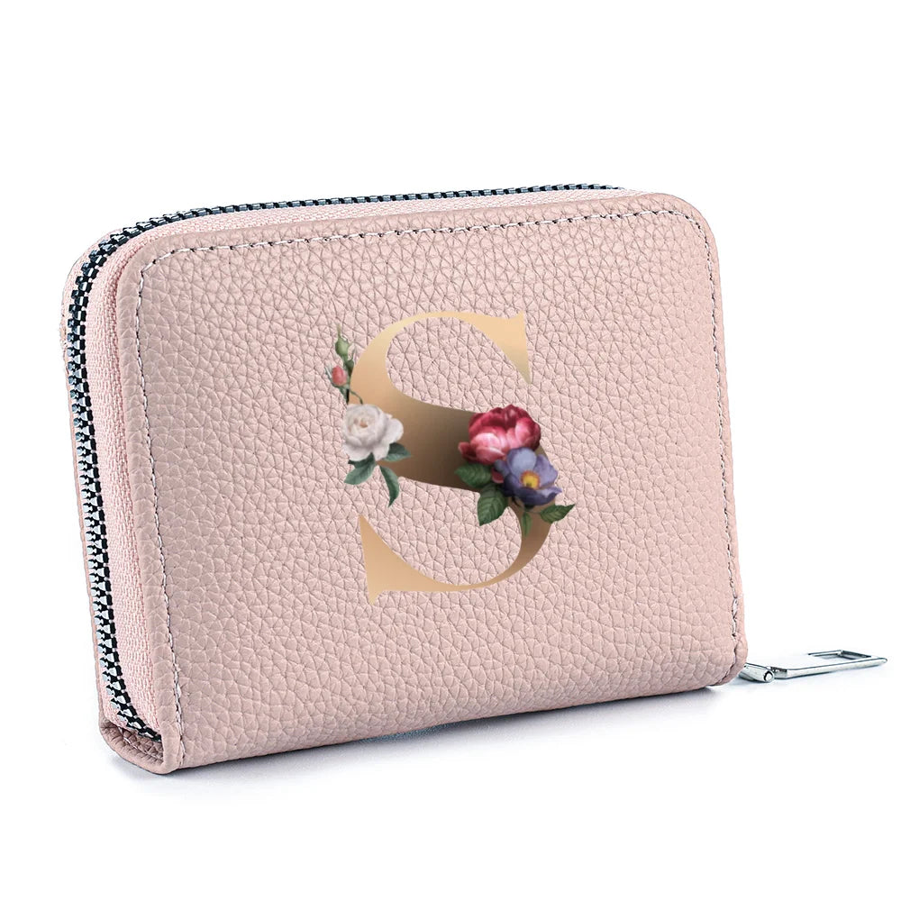 Fashionable Multi Functional 26-Letter Printed Pink Zipper Coin Purse And Credit Card Holder For Women