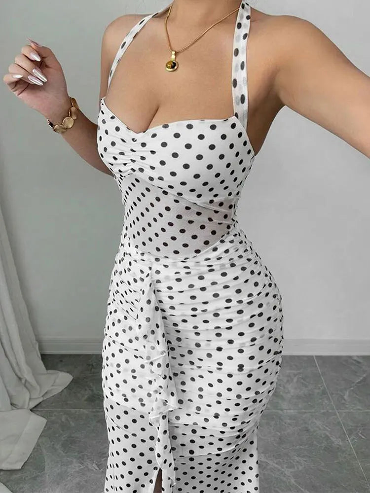 Women Maxi Dresses Summer New Streetwear Fashion Print Halter Split Casual Slim Dress Sexy Backless Low Chest V-Neck Lady Dress