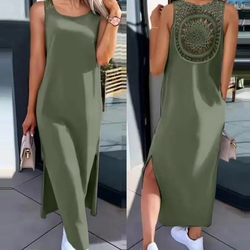Summer Sleeveless Hollow Sexy Loose Dress Women Fashion Slit Solid Casual Dresses Women Round Neck Mid Length Slim Ladies Dress