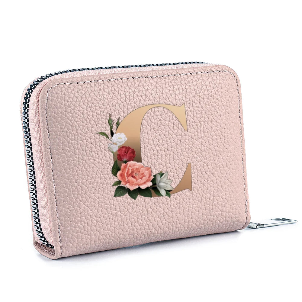 Fashionable Multi Functional 26-Letter Printed Pink Zipper Coin Purse And Credit Card Holder For Women
