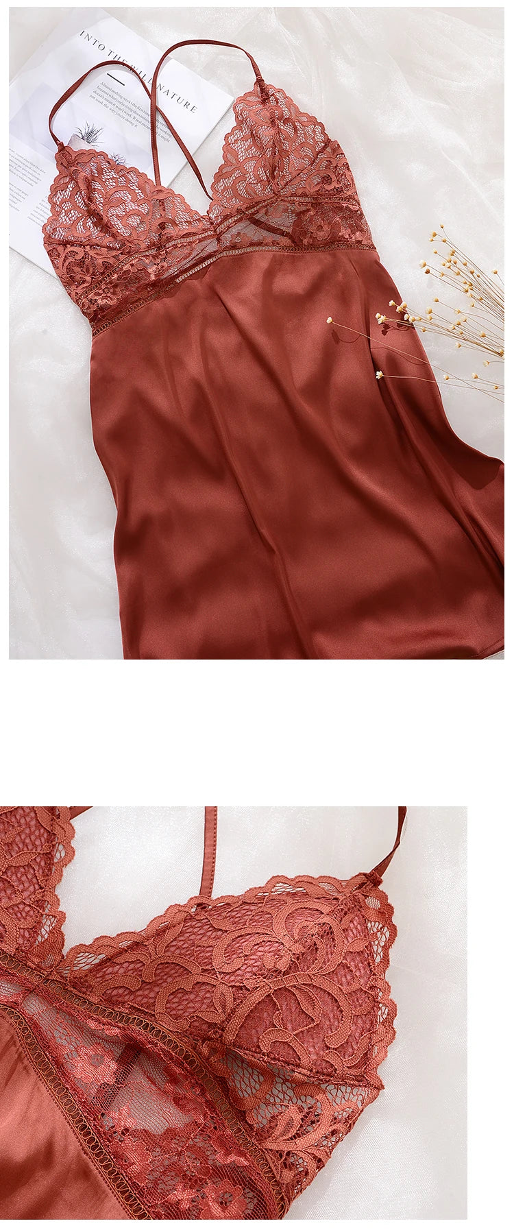 with Chest Pad Sleepwear Dress Backless Strap Nightgowns Lace Hot Temptation Vintage Nightgowns V-neck Nightwear Silk Homewear