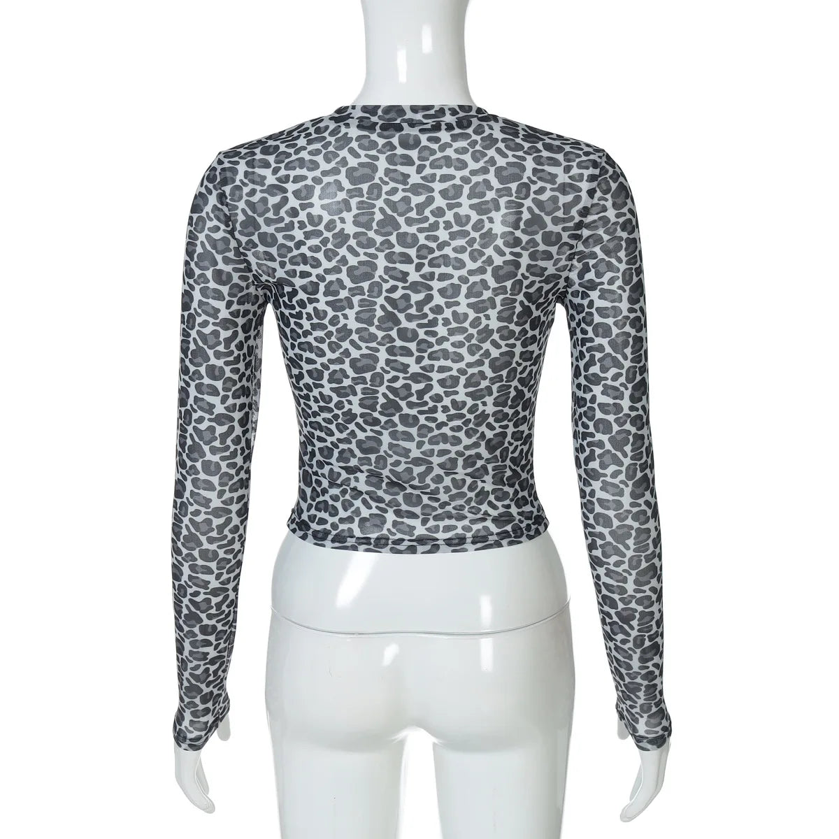 Ladies summer Leopard Print Clubwear Y2K Clothes Women Long Sleeve O-Neck Mesh See Through Slim T Shirt Holiday Streetwear Tees