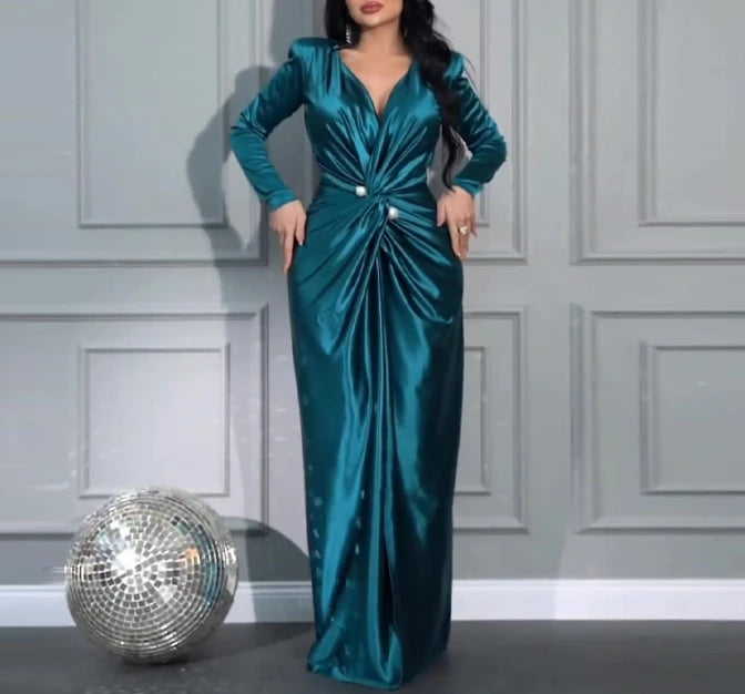 2025 autumn new style light mature style V-neck fashionable elegant pleated waist long sleeved evening dress long skirt