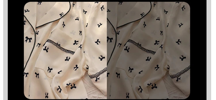 Sweet Cute Lace Flower Side Bow Print Women's Pajamas Simulated Silk Short Summer Cool Lady Lounges 2024 New Classy Y2k Homewear