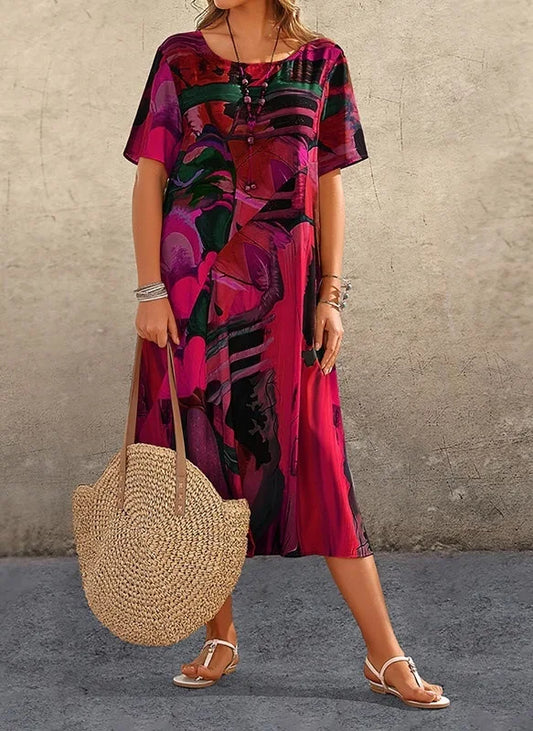 Plus size European and American cross-border summer dress casual short sleeve round neck print loose dress