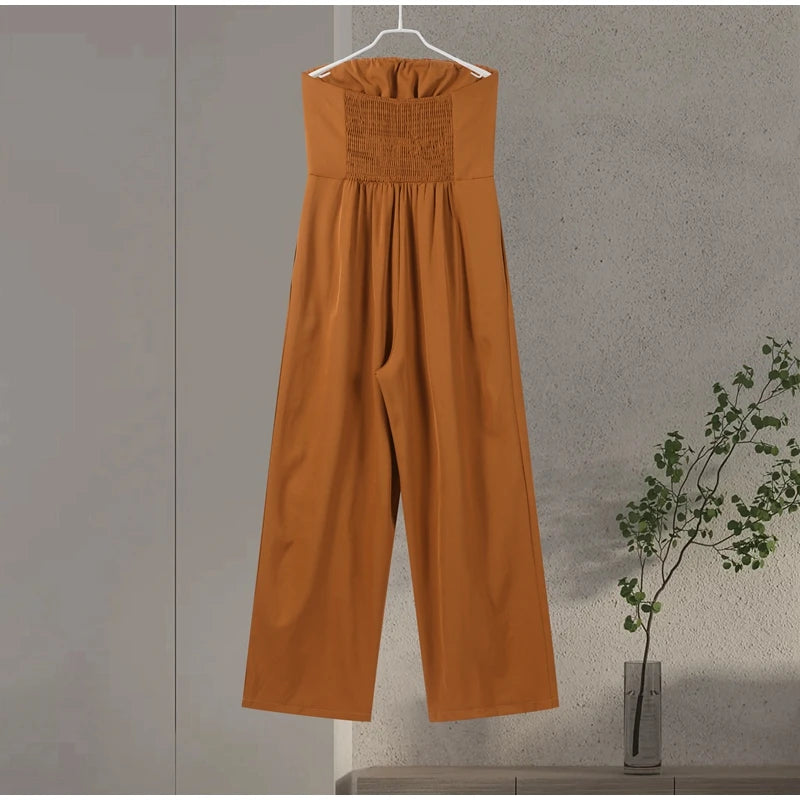 Sexy Backless Women's Jumpsuits Solid Off Shoulder Waist Cinching Pockets Wide Leg Pants Lady Bodysuit Summer Female Outwears