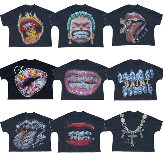 Y2K vintage men t shirts gothic print pattern Streetwear oversized t shirt Hip Hop men women Harajuku Punk Cotton Loose t shirt