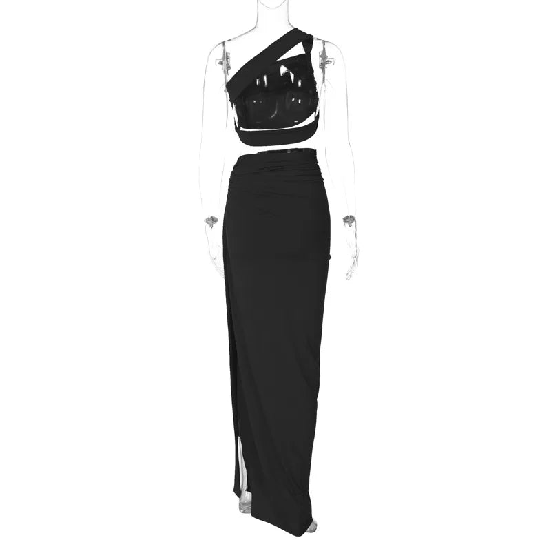 Ladies Summer 2 Pieces Set Women Sleeveless Backless Strap Spit Crop Top Side Slit Slim Long Skirt Evening Party Club Streetwear