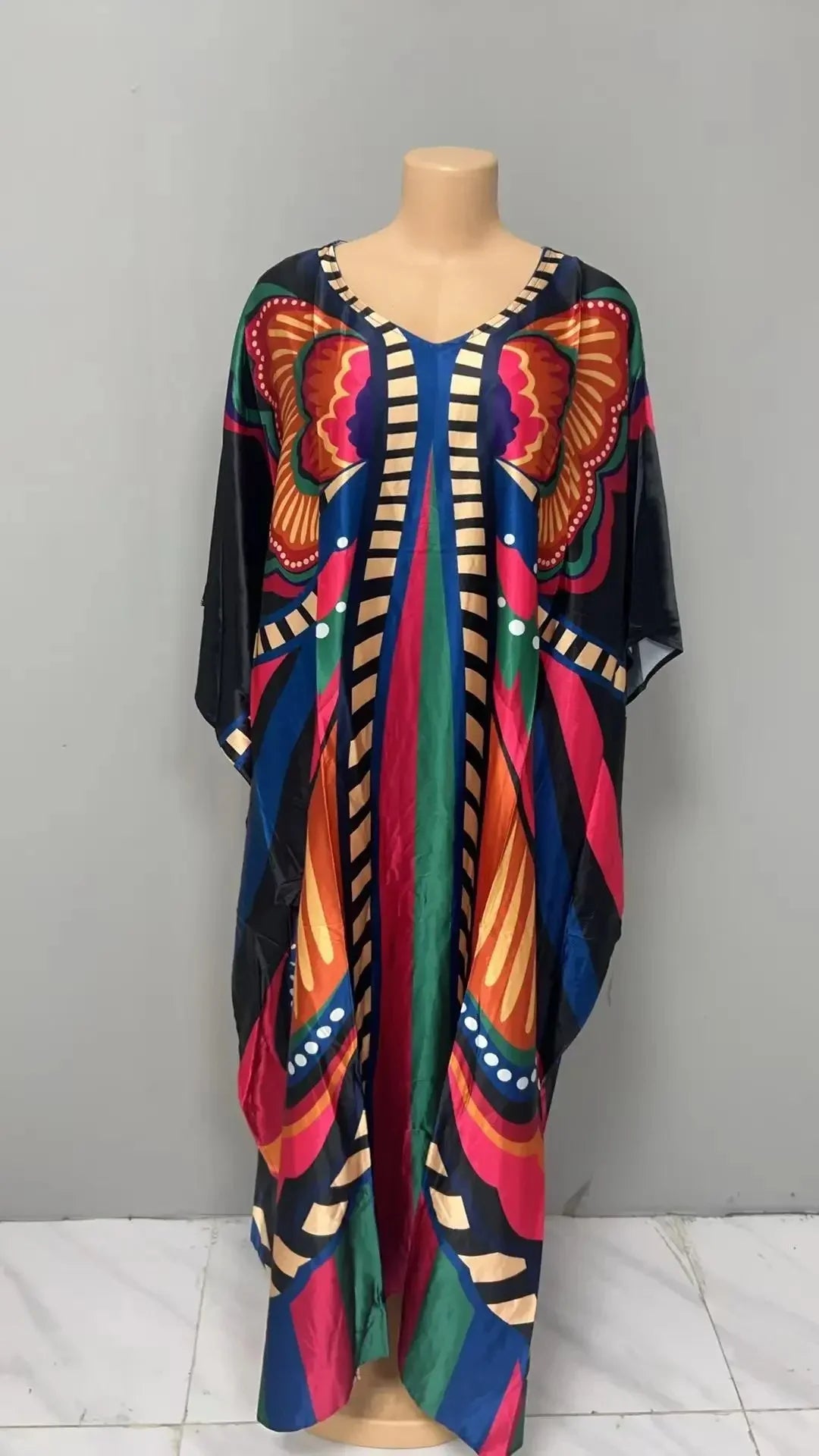 Comfortable plus Size Women's Dress Floral Print Loose Waist Long Skirt Batwing Sleeve V Neck Ankle Length Elegant Fashion