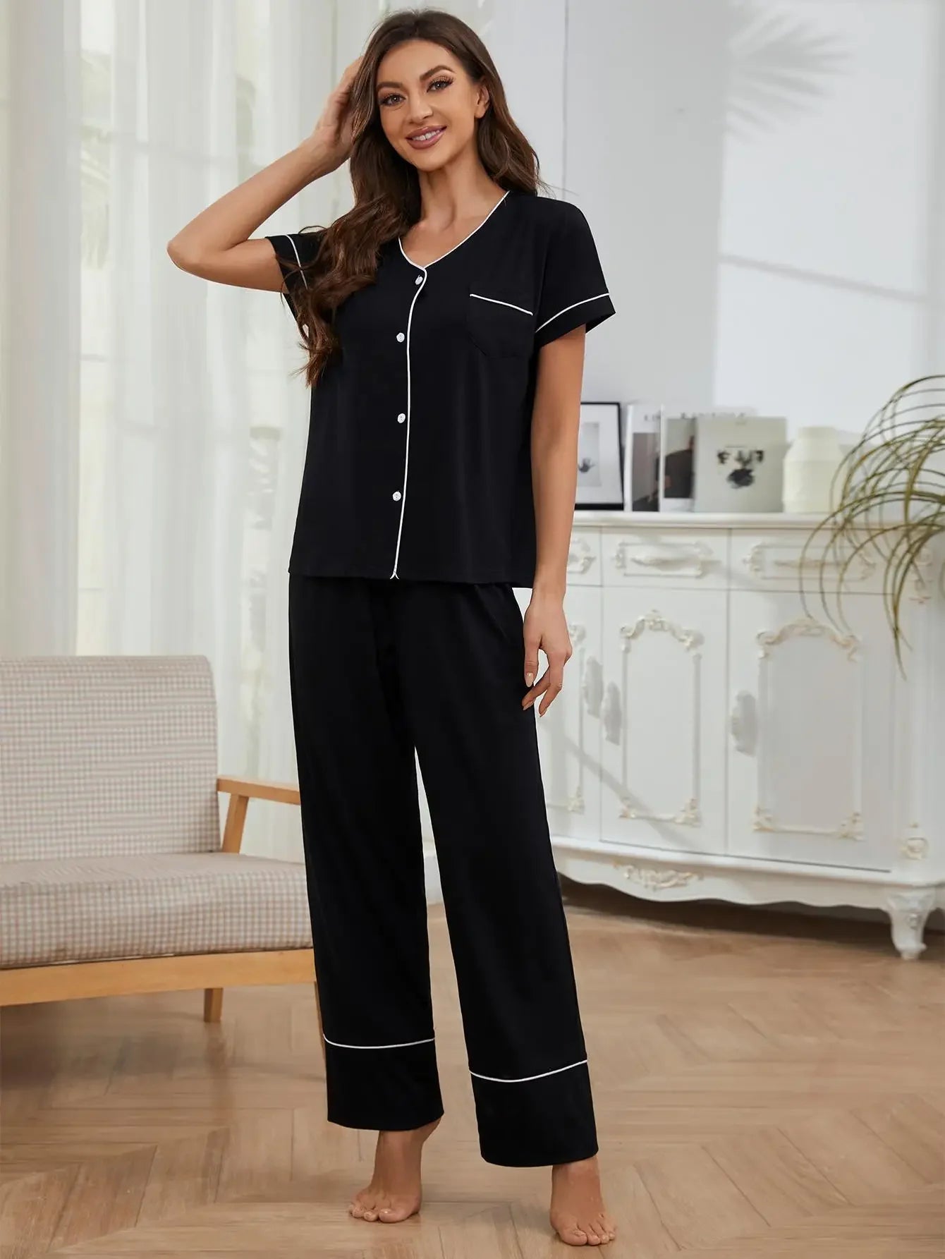 Front Button V Neck Women's Pajama Set Short Sleeves with Chest Pocket Top & Full-Length Pants 2 Piece Female Sleepwear Homewear