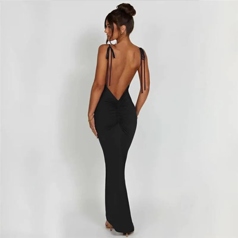 2024 Summer Dresses For Women Backless Sexy Spaghetti Halter Strap Slim Fit Strap Black Long Dress Y2k Sleeveless Skinny Bodycon