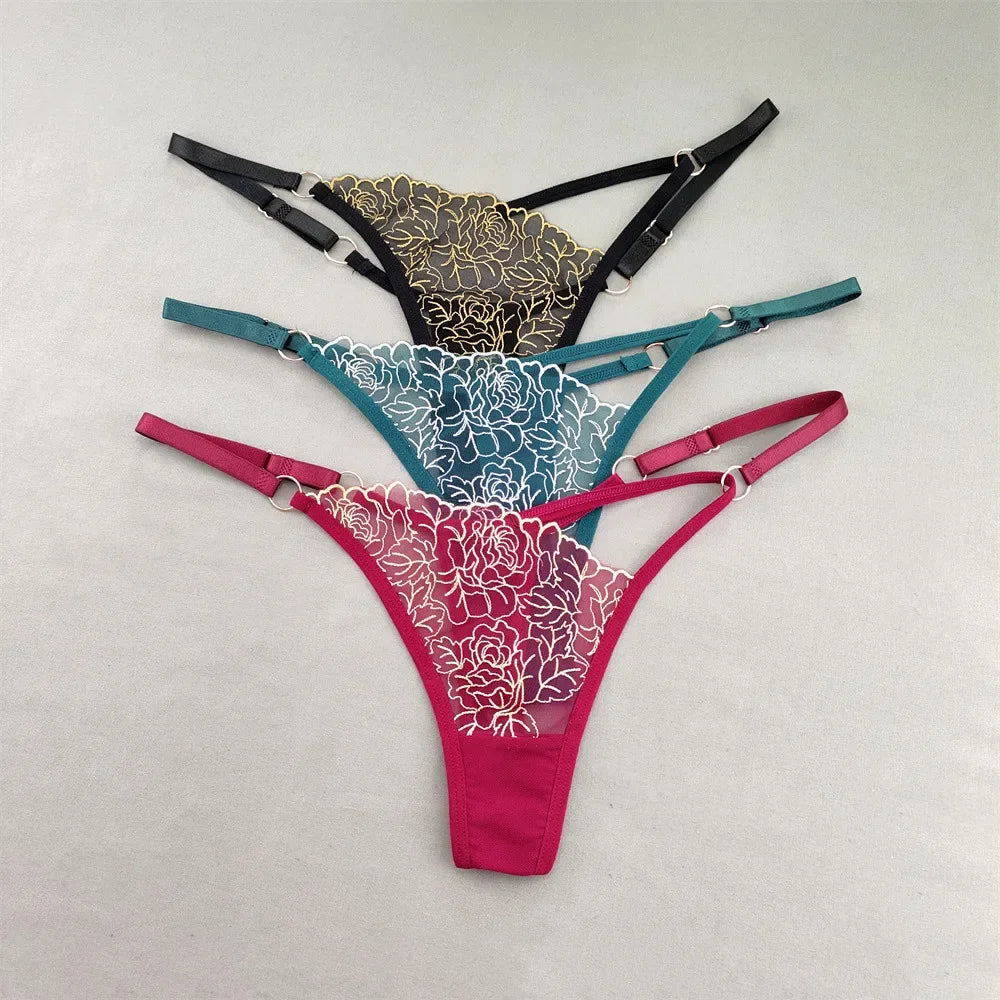 3pcs V-shaped Sexy Lace Floral Thong Women Hollow Out V-Strings Adjustable Belt Transparent Underwear