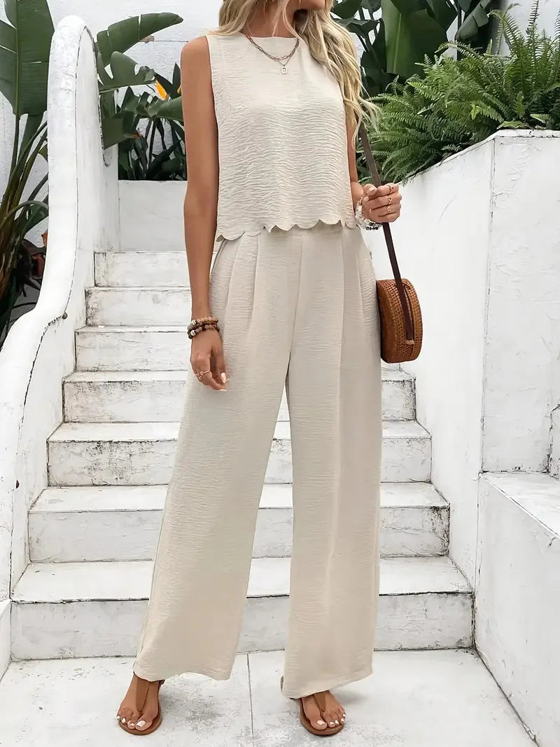 QX  Women's Two-piece Suit 2025 Black Apricot 32973 Elastic Waist Suit Best-selling Sleeveless Tie Fashion Trousers