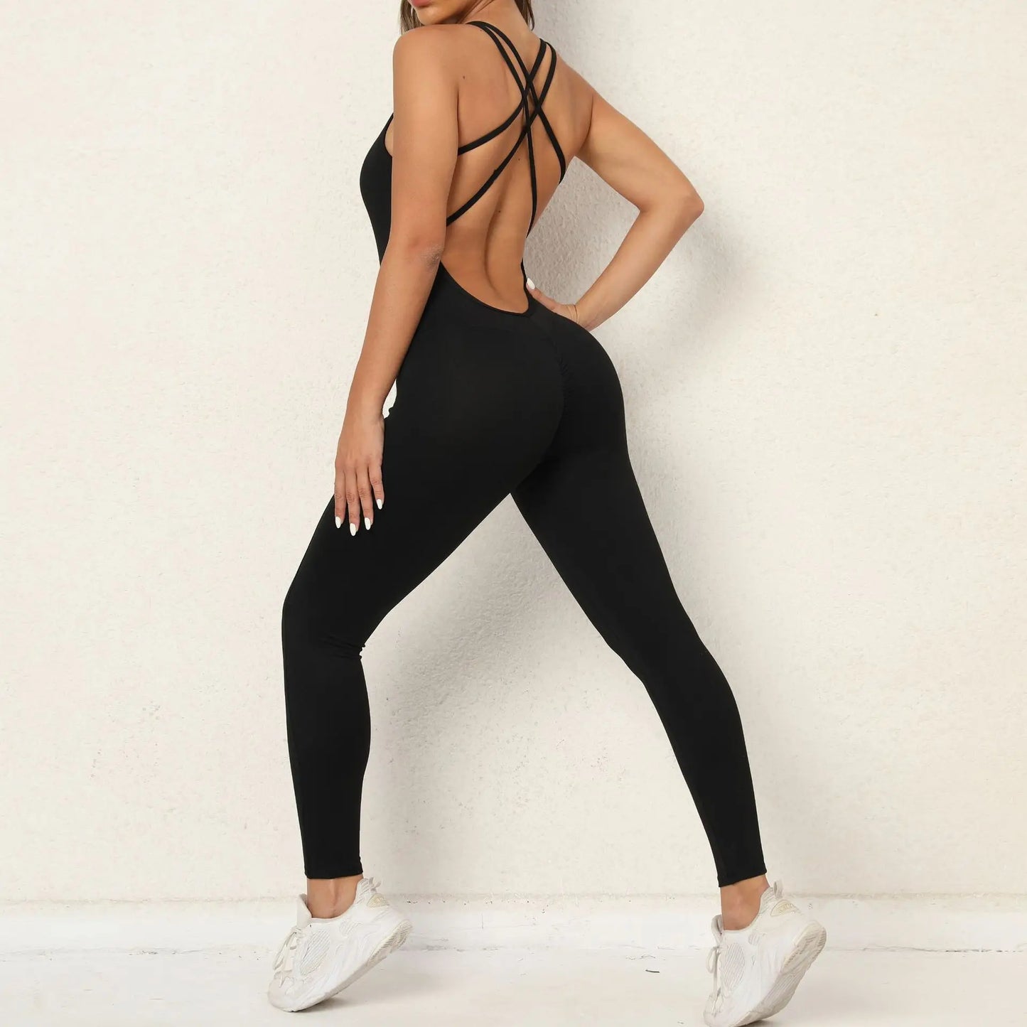 Sexy Backless Bodycon Scrunch Jumpsuit Raises Butt Women Dance Fitness Overalls for Women Sleeveless Yoga Sport Jump Suit Black