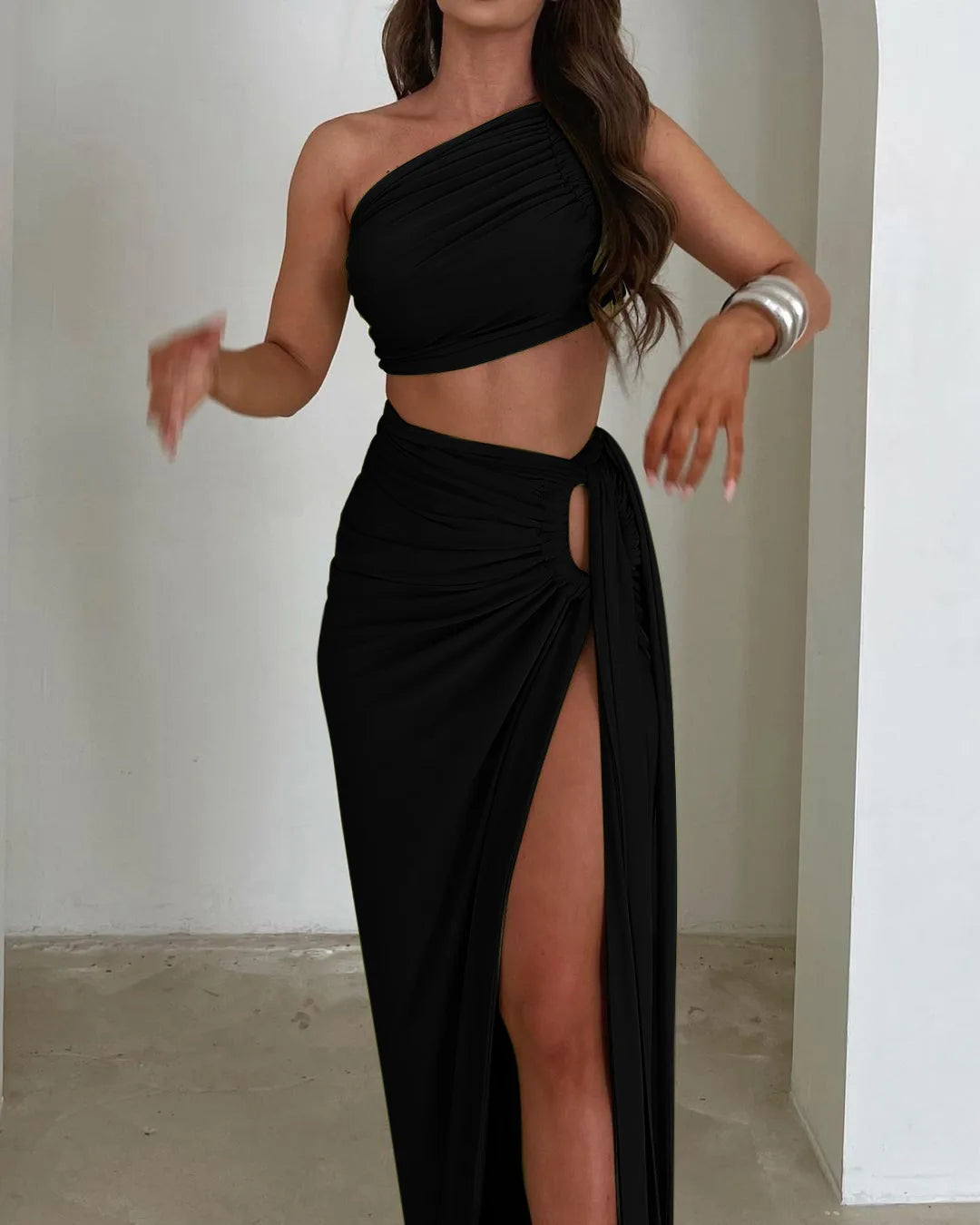 Ladies Summer 2 Pieces Set Women Sleeveless Backless Strap Spit Crop Top Side Slit Slim Long Skirt Evening Party Club Streetwear