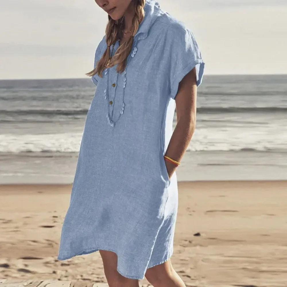 Women's L-5XL Plus Size Summer Cotton and Linen Short Sleeved Button Dress with Lapel Pockets Solid Color Loose Fitting Dress