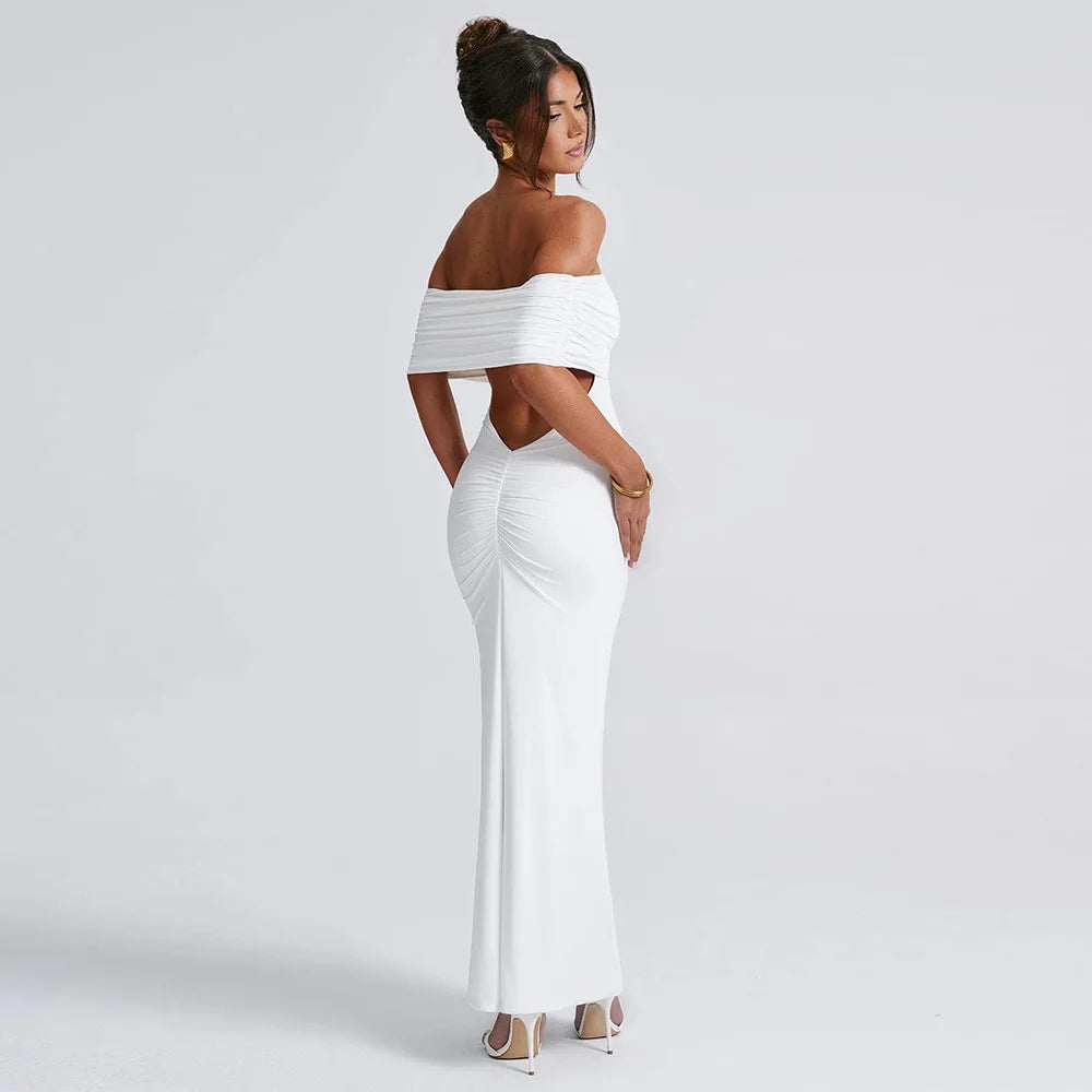 Ladies Summer Off Shoulder Fashion Evening Party Dresses For Women Strapless Backless Ruched Maxi Dress Birthday Clubwear Outfit