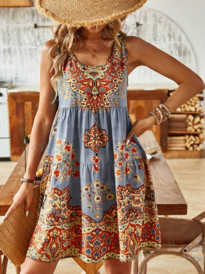 Printed pleated sleeveless V-neck dress