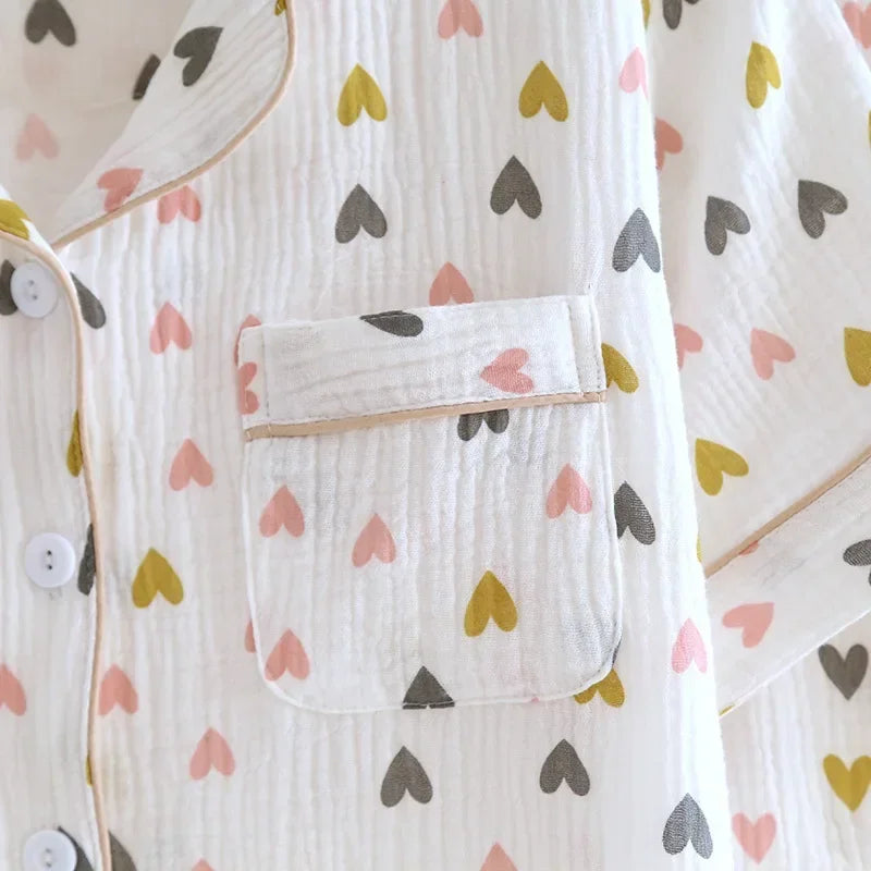 Small Love Heart Printed Cotton Pajamas for Women Three Piece Set Spring and Summer Short Sleeved Shorts Homewear Long Pants Set