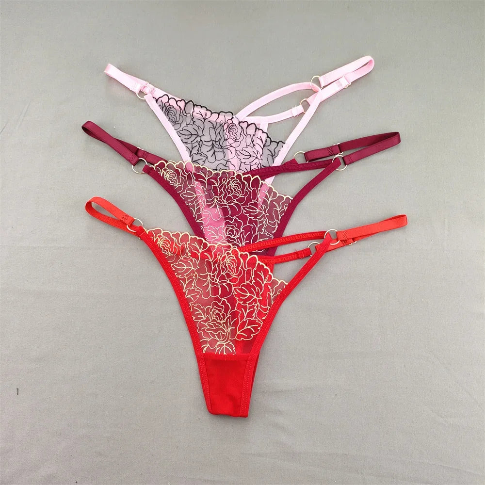 3pcs V-shaped Sexy Lace Floral Thong Women Hollow Out V-Strings Adjustable Belt Transparent Underwear