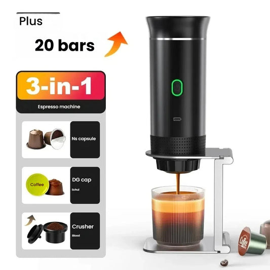 3-in-1 Portable Espresso Machine- Wireless Electric Coffee Maker for Home Car & Camping – Compact Powder Capsule Travel Brewer