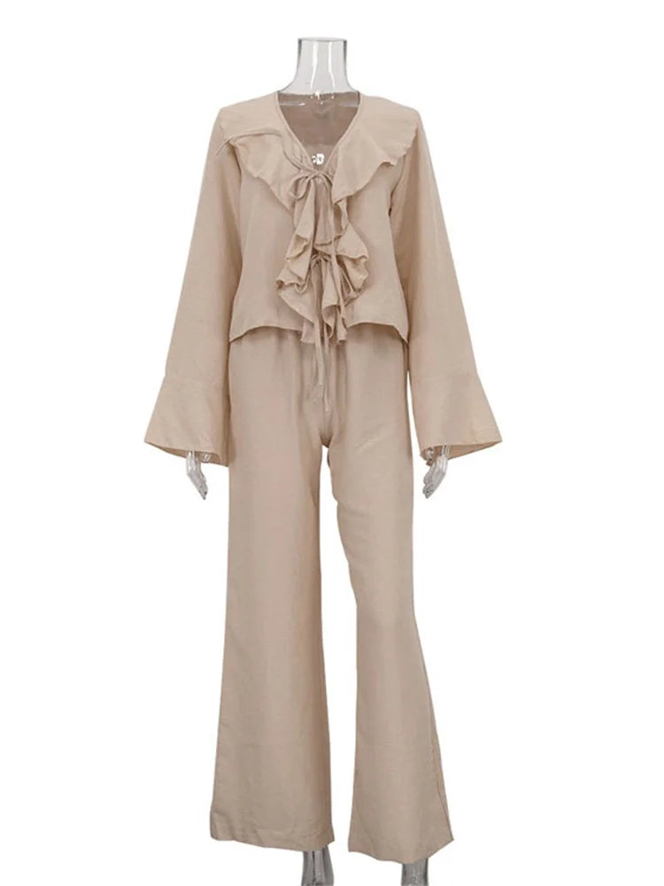 Tossy Ruffled Lace-Up 2 Piece-Set Women's Pants Hollow Out Loose Shirts And High Waist Straight Trousers Outfits Female Sets New