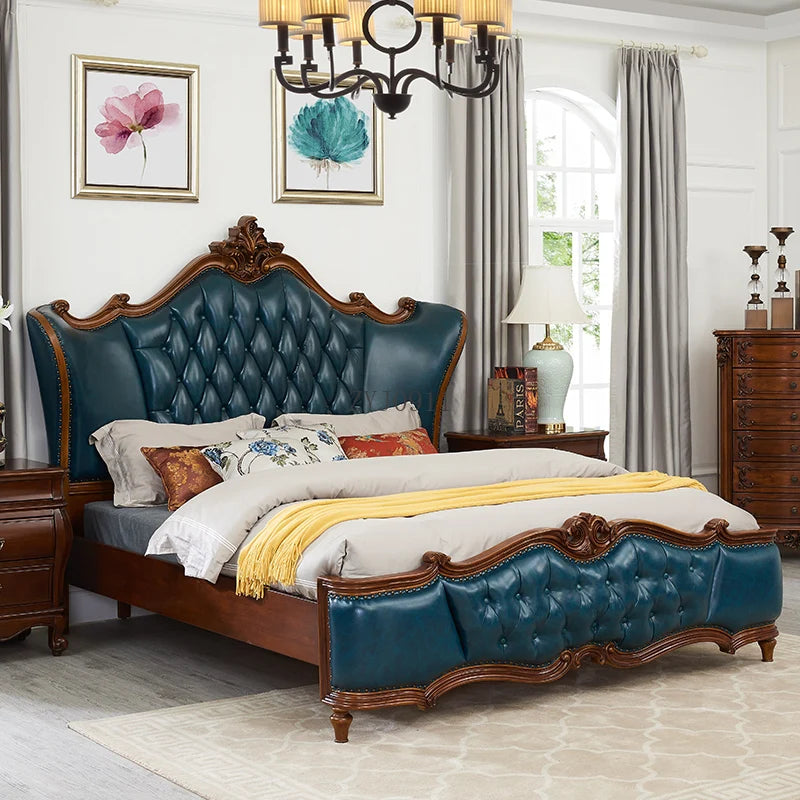 European leather solid wood bed log carved bed large apartment double master bedroom big bed