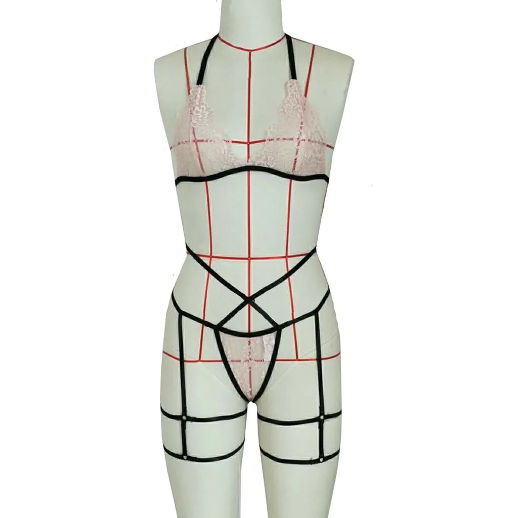 Tornova Sexy Halter Underwear Suit Women's Sexy Lace Mesh Patchwork Hollow Out Garters Lingerie Sexy Contrast Color Lingerie Set
