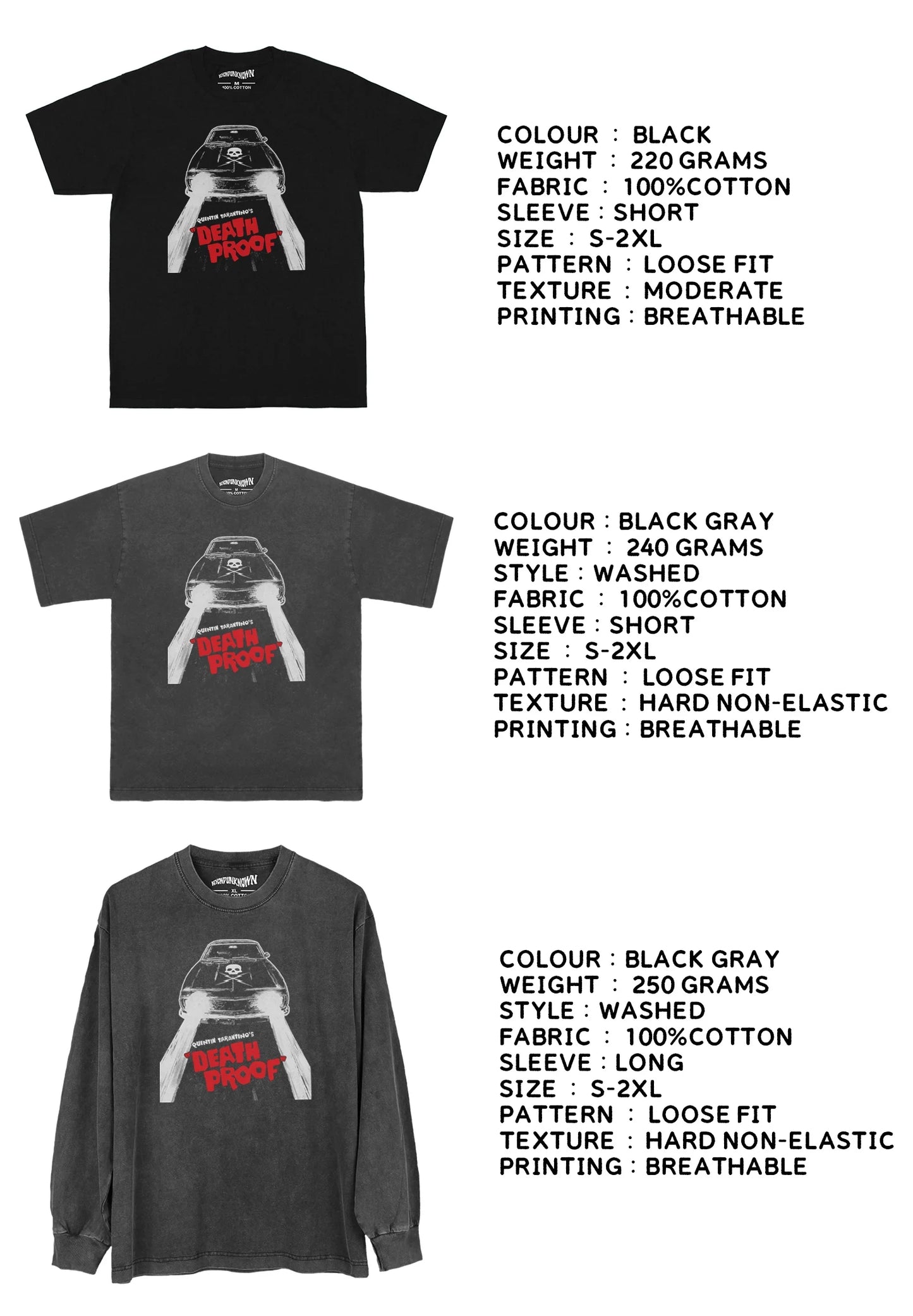 Death Proof T-Shirt Movie Grindhouse Planet Terror From Dusk Till Dawn Quentin Men Summer Washed Long Sleeves Cotton Tee Shirt