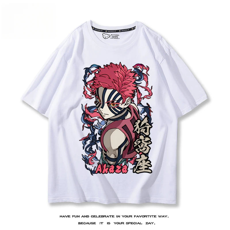 Hot Anime Demon Slayer Akaza Printed 100% Cotton T-Shirt Summer Outdoor Casual Comfortable Trendy Street Men's