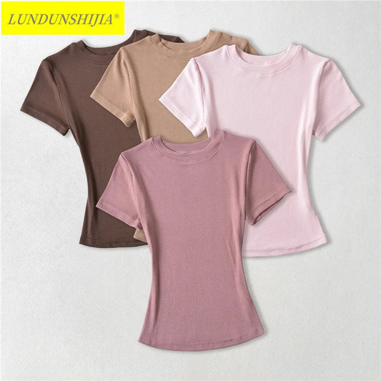 LUNDUNSHIJIA 2024 Summer Sexy Women Basic O-neck Short Sleeve T-shirt Ladies Slim Elasticity Cotton Tee Tops 12 Colors